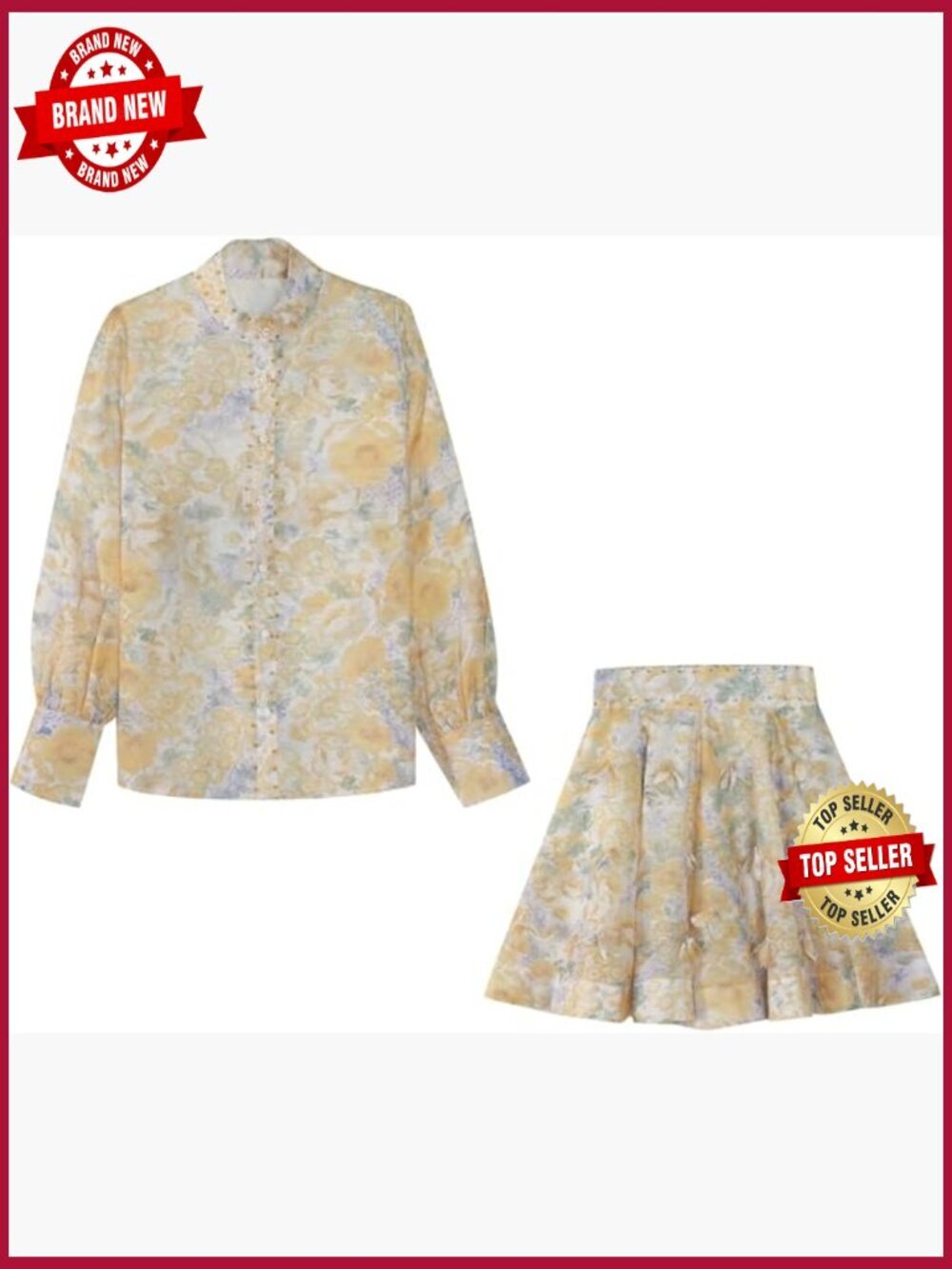 Floral 2-Piece Skirt Set High Neck Long Sleeve Shirt & Matching Skirt